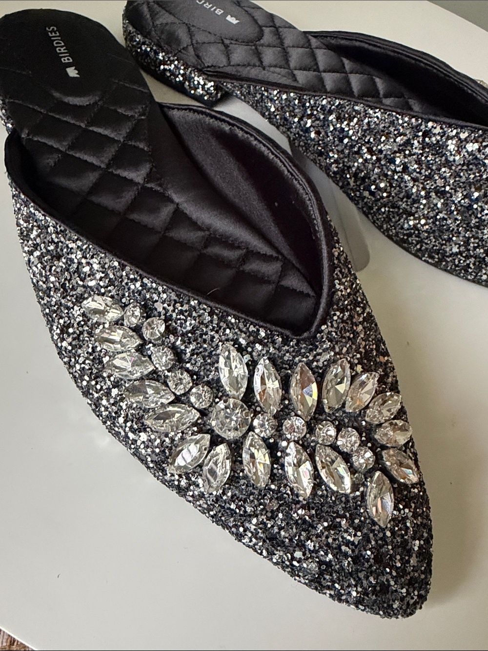 Birdies Swan Mules Bejeweled Gunmetal Black Cushioned EUC 9.5 Party Glam Event